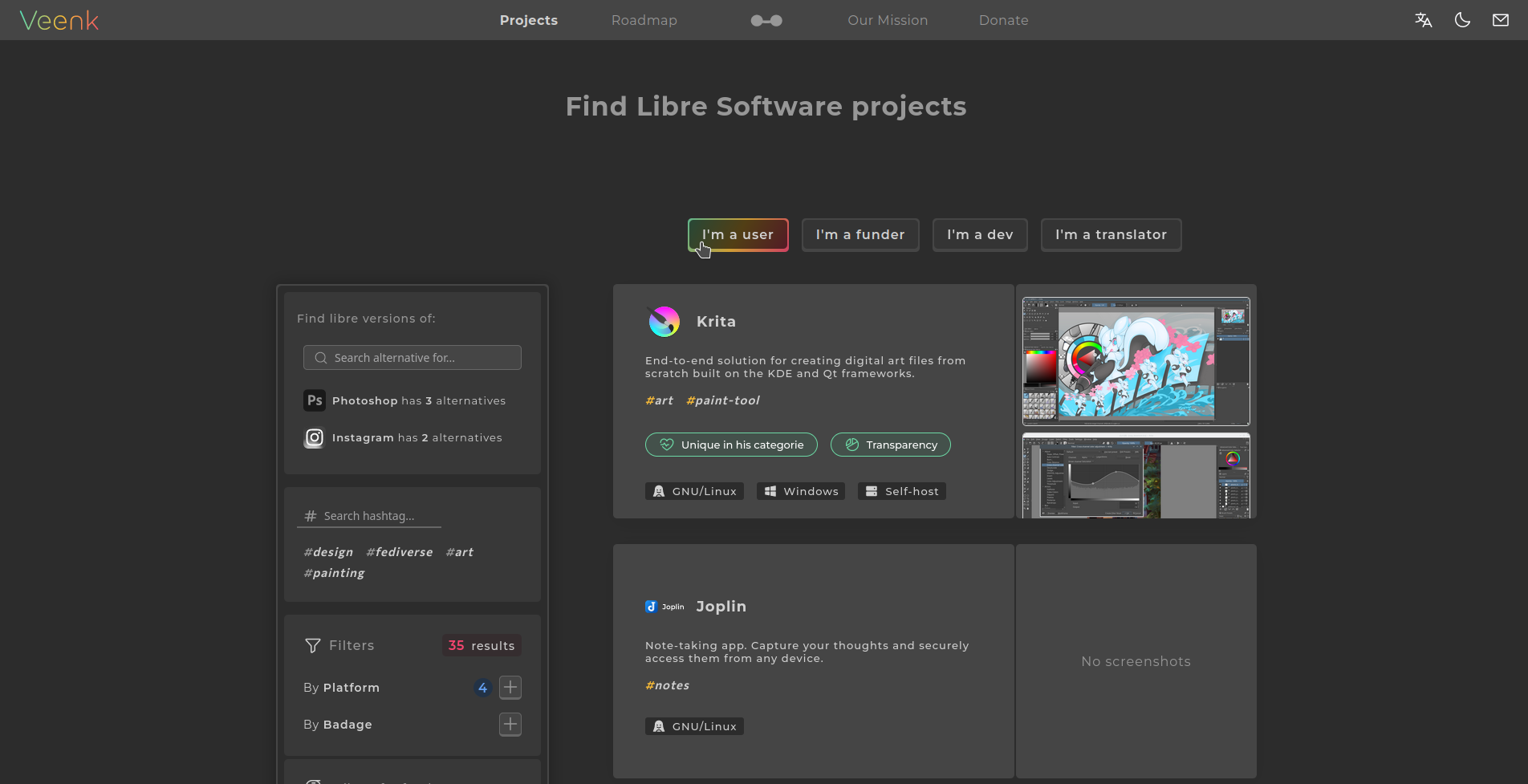 Design of the project list page with a list of libre software results.